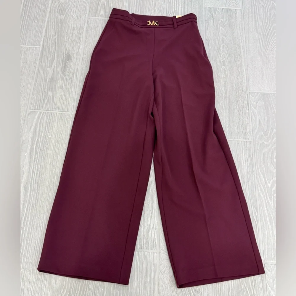 MICHAEL MICHAEL KORS MK Belt Wide Leg High Rise Crop Burgundy Pants Size 2 NWT